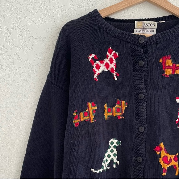 Vintage Dog Cotton Cardigan Sweater 80s 90s Navy L Novelty Grandma Cottagecore - Picture 3 of 13
